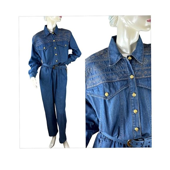 1980s blue denim jumpsuit with gold embroidery by D. Frank Size L